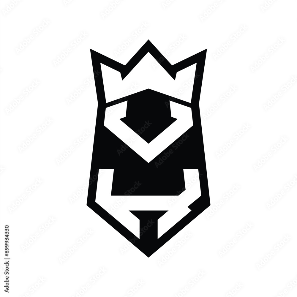 VK Letter Logo monogram hexagon shield shape up and down with crown isolated style design VK Letter Logo monogram hexagon shield shape up and down with crown isolated style design