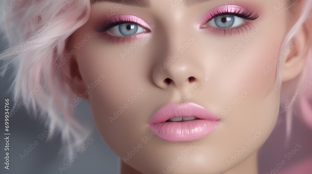 Fashion editorial Concept. Closeup portrait of stunning pretty woman with chiseled features, pink makeup - obrazy, fototapety, plakaty 