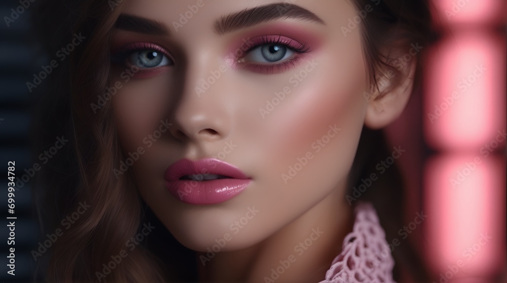 Fashion editorial Concept. Closeup portrait of stunning pretty woman with chiseled features, pink makeup