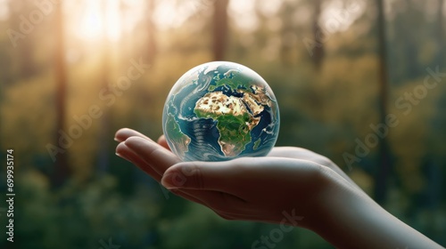 Hand hold globe with nature. ESG, Environment Social Governance. Reducing co2. Net Zero. Sustainable. ethical. Business organizational development. renew resource reduce. Generative AI photo