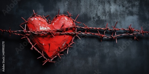Red heart is wrapped in barbed wire, dark background concrete copy space 