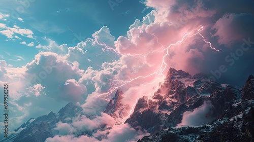 Pink lightning over snowy mountains photo