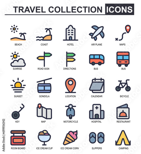 travel icon collection.lineal color style.camping,transportation,bus,motorcycle,scooter,hospital,restaurant,menu,ice cream,sunset,sunrise.editable stroke vector.
