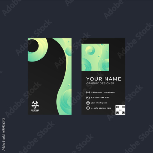 black vertical business card template design with abstract fluid element