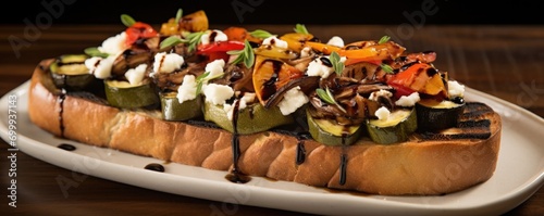 A vibrant mix of marinated, grilled vegetables nestled on a bed of crusty bread, topped with creamy goat cheese and a drizzle of sweet balsamic reduction, resulting in a harmonious blend