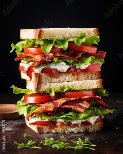 A mouthwatering picture captures a classic white bread club sandwich, stacked high with layers of crispy bacon, juicy tomato slices, crisp lettuce leaves, and a generous slathering of mayonnaise,