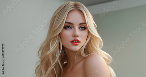 Romantic woman with blonde hair and blue eyes close up. Portrait of a beauty Romantic woman. Sexy sensual romantic blonde woman, beautiful girl. Romantic casual woman portrait.