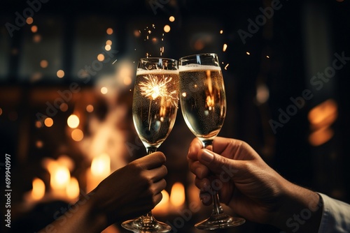 Two hands holding champagne glasses with sparklers over bokeh lights background