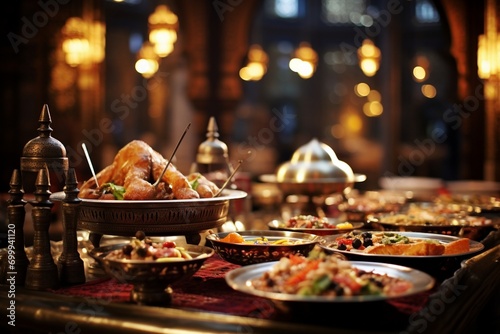 Traditional Christmas table with turkey and other dishes. Selective focus.
