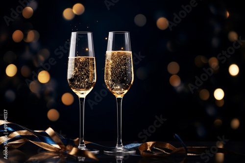 Glasses of champagne with ribbons on bokeh lights background