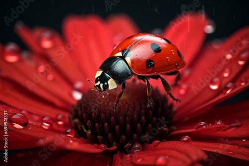 A ladybug sitting on a red flower on blurred background