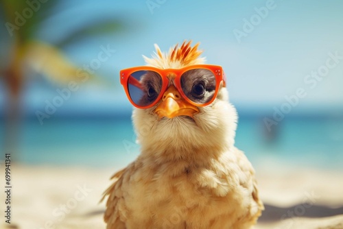  happy cute chicken resting on a beach on summer vacation © sania