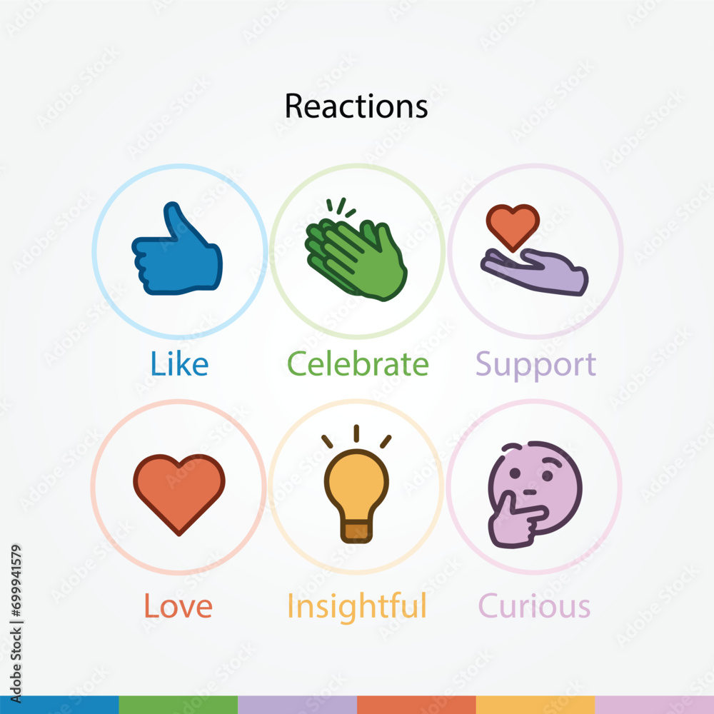 New LinkedIn Reactions. Social Network icon set. Like, celebrate, support, funny, love, insightful, curious, LinkedIn