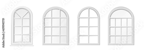 3d realistic vector icon illustration. Arched white wood windows. Isolated.