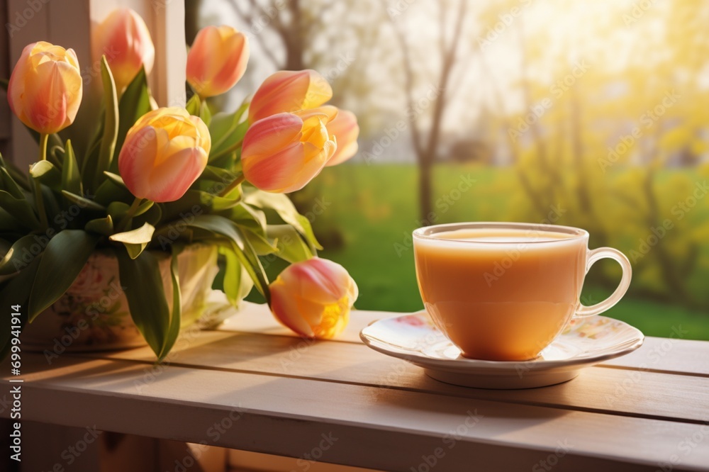 cup of coffee and tulips