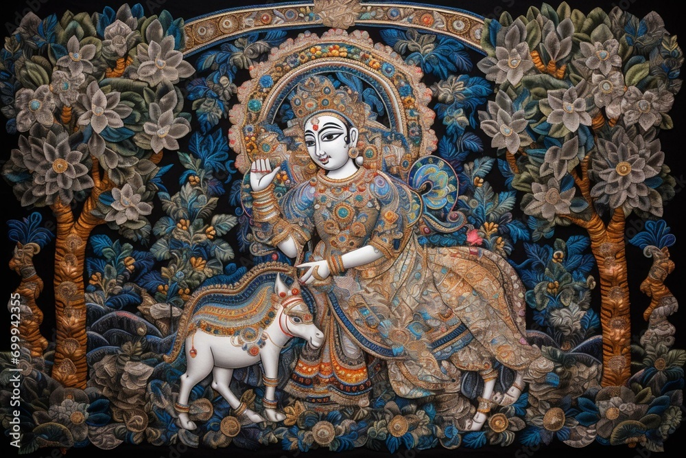 Traditional Hindu textile art portraying Lord Krishna and his life events. Generative AI