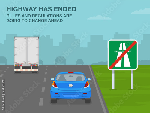 Safe driving tips and traffic regulation rules. Back view of a traffic flow on highway. End of highway sign area. Flat vector illustration template.
