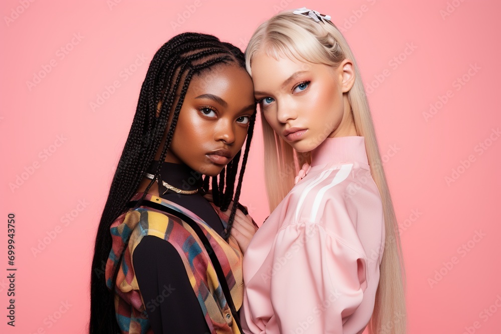 fashionable Two young multiracial women posing together isolated on pink background fashionable Two young multiracial women posing together isolated on pink background