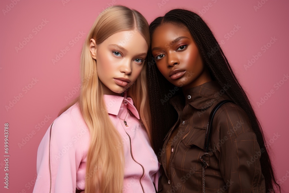 fashionable Two young multiracial women posing together isolated on pink background