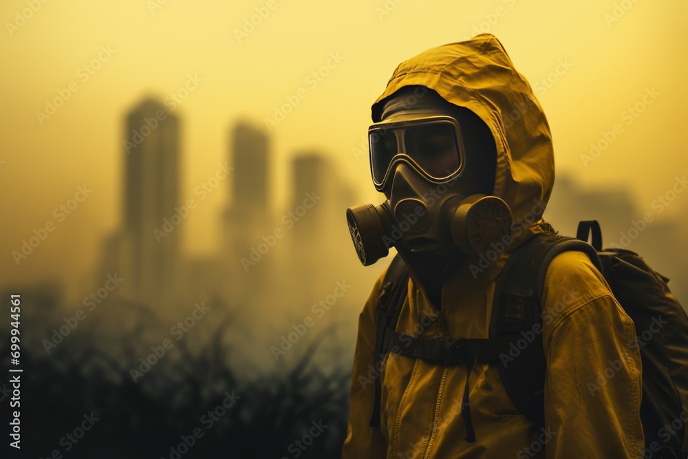 Man in a yellow protective suit gas mask, protects from harmful gas pollution, apocalypse background Man in a yellow protective suit gas mask, protects from harmful gas pollution, apocalypse background