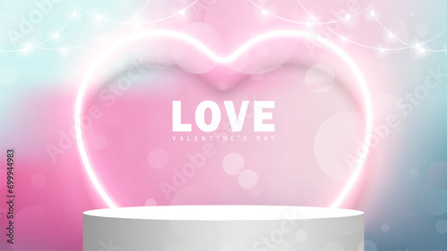 Stage podium decoration with heart neon lighting. Pedestal scene with for product platform, advertising, show on romantic gradient blur background. Valentine's day background. Vector illustration.
