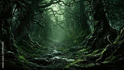 A bewitched forest filled with gnarled trees and writhing vines a translucent spirit roaming ast the trees.