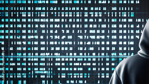 cyber hacker in dark hoodie with binary background