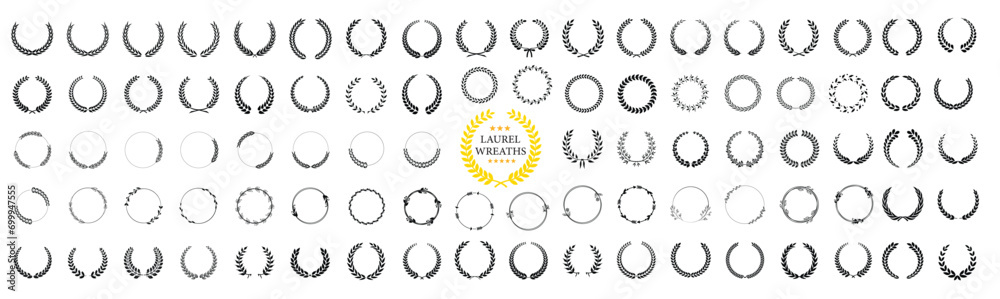 Set of wreaths and branches with leaves. Simple black laurel wreath vector icon set. Award, success, champion sign - obrazy, fototapety, plakaty 
