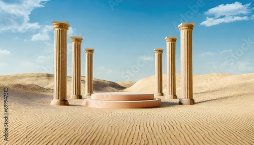 A product display podium on the desert with the column pillars.