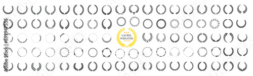 Set of wreaths and branches with leaves. Simple black laurel wreath vector icon set. Award, success, champion sign photo