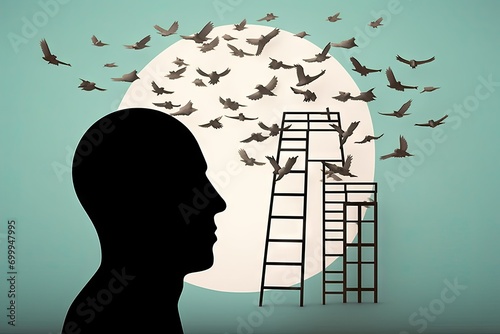 concept psychology sorder ideas brainstorming minded open success ladder flying birds brain window man Silhouette