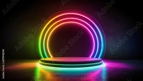 A rainbow color neon light of the podium at dark background for product display.