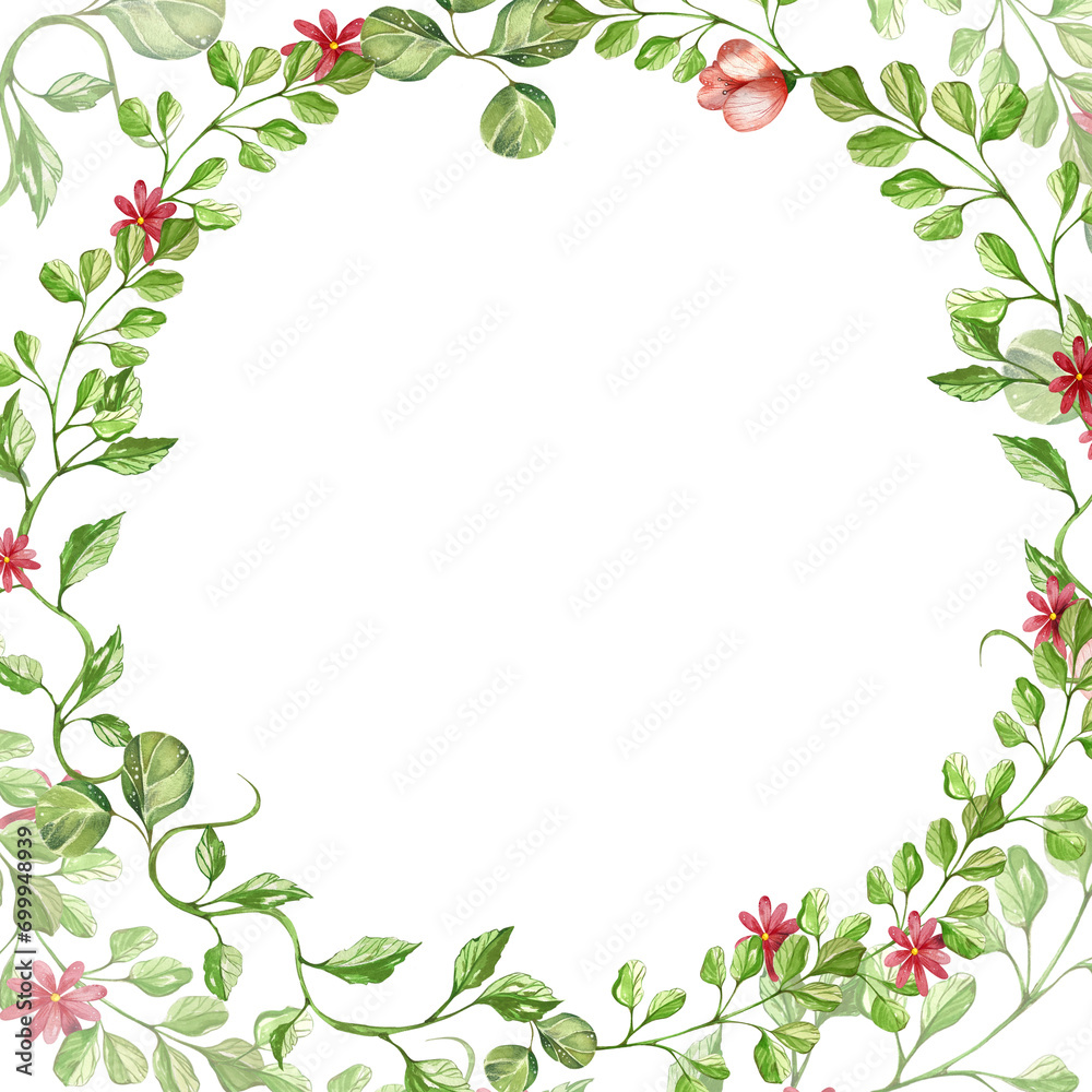 The frame is a wreath of wild herbs and flowers. watercolor illustration. isolated on a white background. for the design of postcards, invitations The frame is a wreath of wild herbs and flowers. watercolor illustration. isolated on a white background. for the design of postcards, invitations
