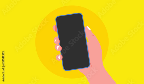 Holding phone. Empty screen, phone mockup. Editable smartphone template on isolated background. photo