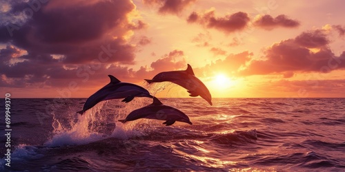 A Group of Playful Dolphins Leaping out of the Ocean in the Sunset - Stunning Orange and Purple Sunset Backdrop - Dolphins playing with each Other Background created with Generative AI Technology © Animals Creator