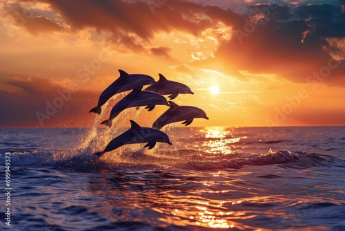 A Group of Playful Dolphins Leaping out of the Ocean in the Sunset - Stunning Orange and Purple Sunset Backdrop - Dolphins playing with each Other Background created with Generative AI Technology © Animals Creator