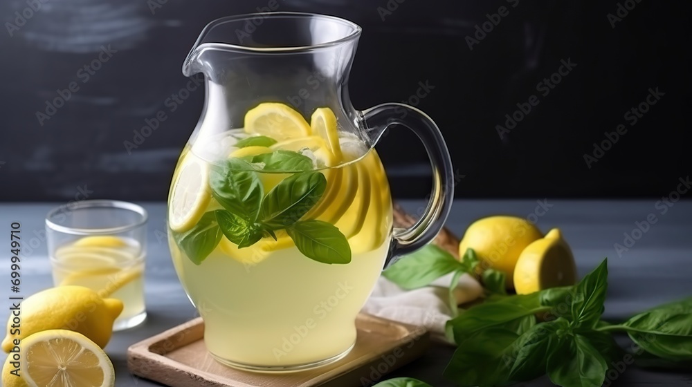 Pitcher of Refreshing Homemade Lemonade Served with Slices of Lemon and Fresh Mint Leaves Pitcher of Refreshing Homemade Lemonade Served with Slices of Lemon and Fresh Mint Leaves