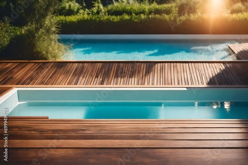 Pool and wooden deck against a backdrop of nature