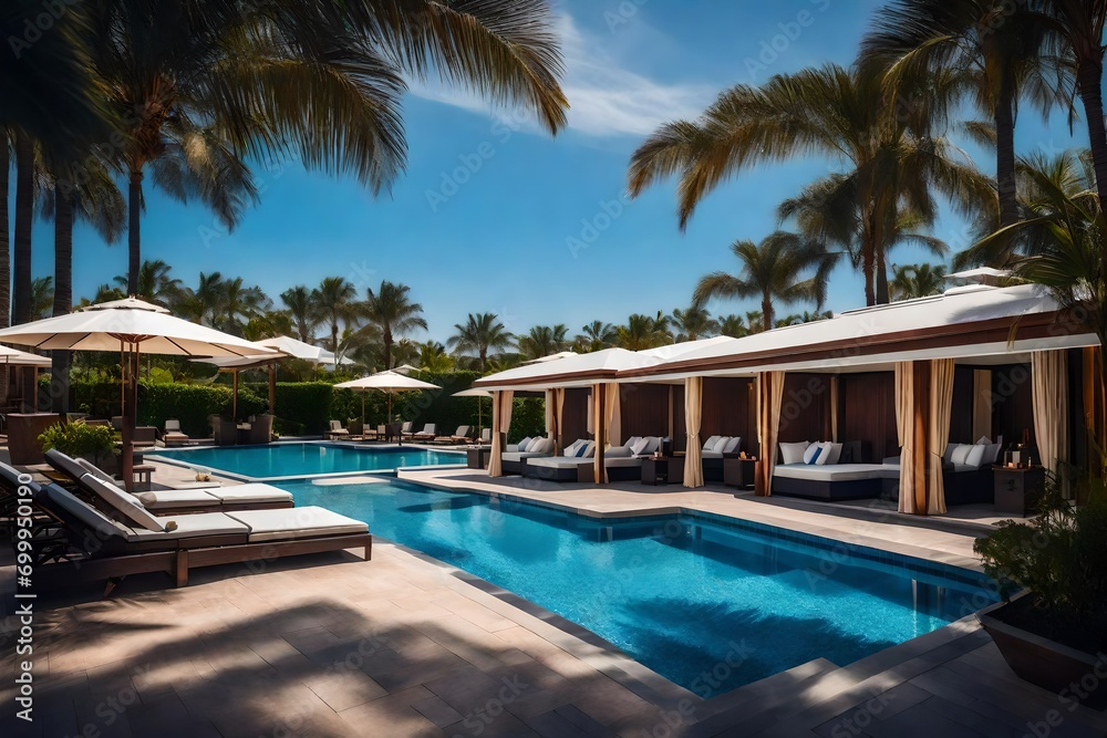 Spa cabana outside opulent hotel resort, adjacent to blue pool