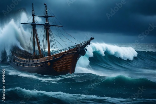 Sailing ship on a stormy sea with a big wave in the foreground