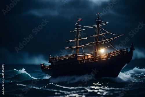 Ship in storm concept, night dark atmoshphere