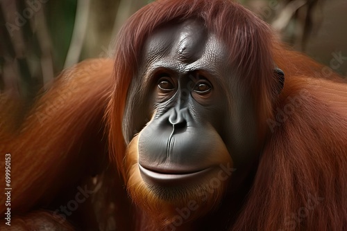species protected expression face thoughtful sad pygmaeus Pongo Sumatra Borneo rainforests orangutan Portrait photo