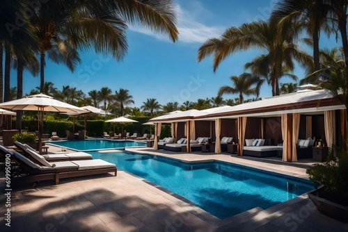 Spa cabana outside opulent hotel resort, adjacent to blue pool © Stone Shoaib