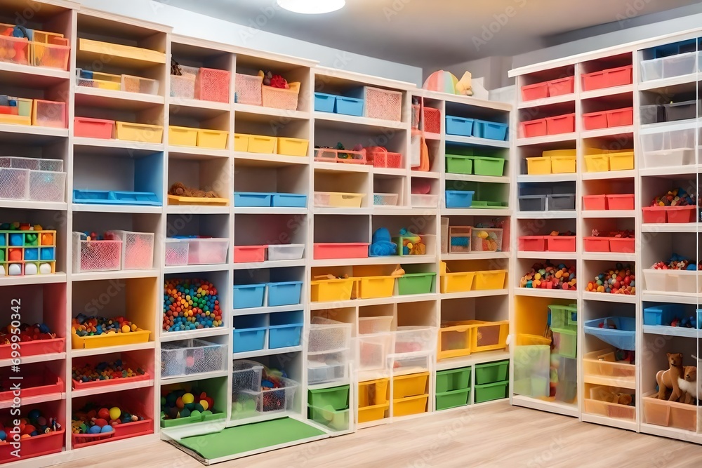 System for storage toys in children room. Safety storage system with soft boxes for children