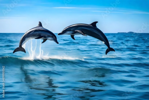 Two dolphins jumping on the water - Beautiful seascape and blue sky © Stone Shoaib