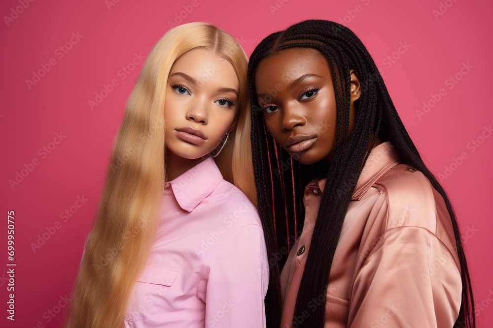 fashionable Two young multiracial women posing together isolated on pink background