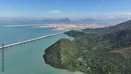 Aerial drone skyview of Hong Kong-Zhuhai-Macao Bridge at Chek Lap Kok Lantau Island near Tung Chung Tuen Min,is the longest bridge-cum-tunnel sea crossing in the world photo