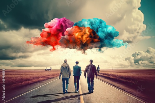  mind state thinking optimistic positive vision future above cloud creative colorful road walking People