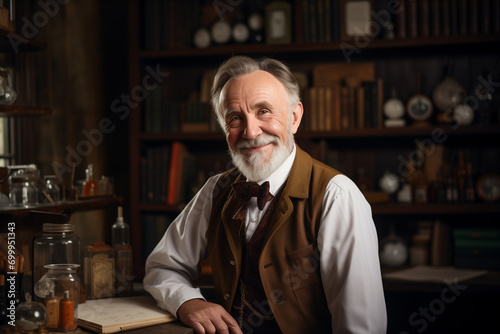 an elderly professor sits at his desk in his office