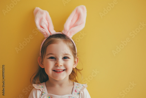 little smiling girl with artificial bunny ears on her head on a pale yellow background